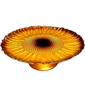 Vintage Akcam Handmade Turkey Gold Sunflower Glass Pedestal Cake Stand 11"